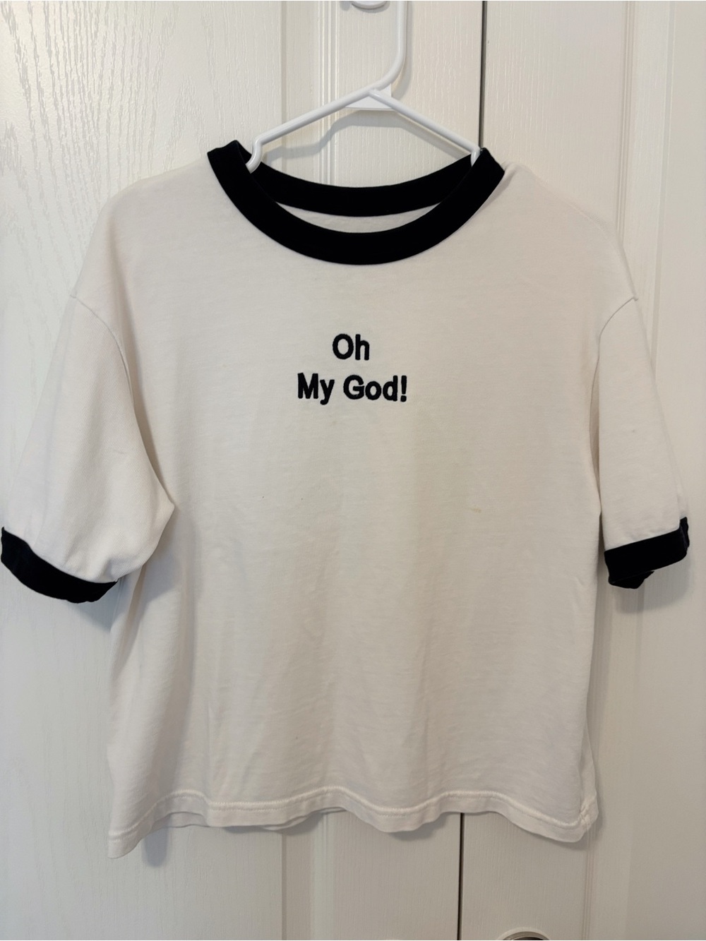 Cozy Oversized Ringer Tee - Embroidered "Oh My God!" (Size M)